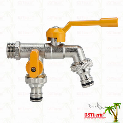 Vòi nước hai đầu ra bằng đồng thau, vòi đồng thau mạ niken, vòi đồng thau 1/2"*3/4"*3/4"