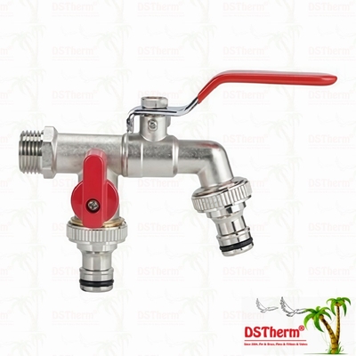 Vòi nước hai đầu ra bằng đồng thau mạ niken với tay cầm đỏ 1/2"*3/4"*3/4"