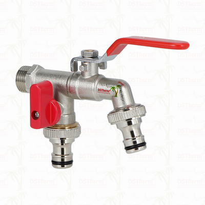 Vòi nước hai đầu ra bằng đồng thau mạ niken với tay cầm đỏ 1/2"*3/4"*3/4"