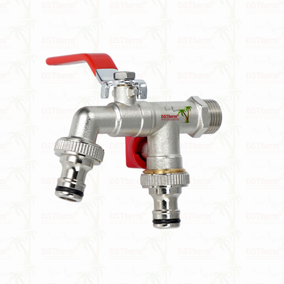 Vòi nước hai đầu ra bằng đồng thau mạ niken với tay cầm đỏ 1/2"*3/4"*3/4"